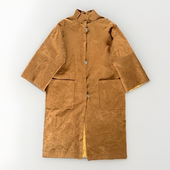 Vintage Jackets & Blazers - VTG 70s Suede Leather Mod Trench Coat Womens 2X-3X Brown Minimalist Patch Pocket